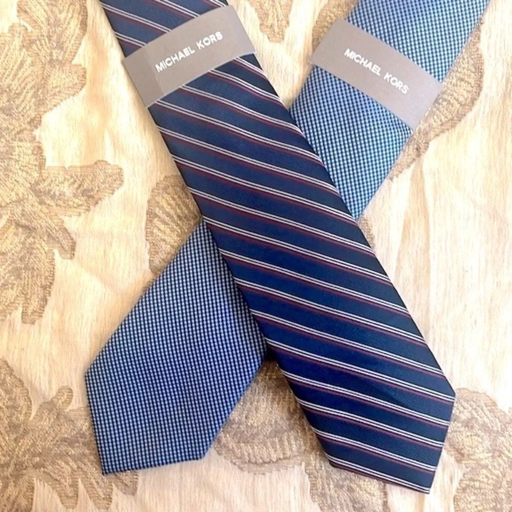 Brand New Michael Kors Set of 2 Ties Satin Sheen Stripes Blue Office Business